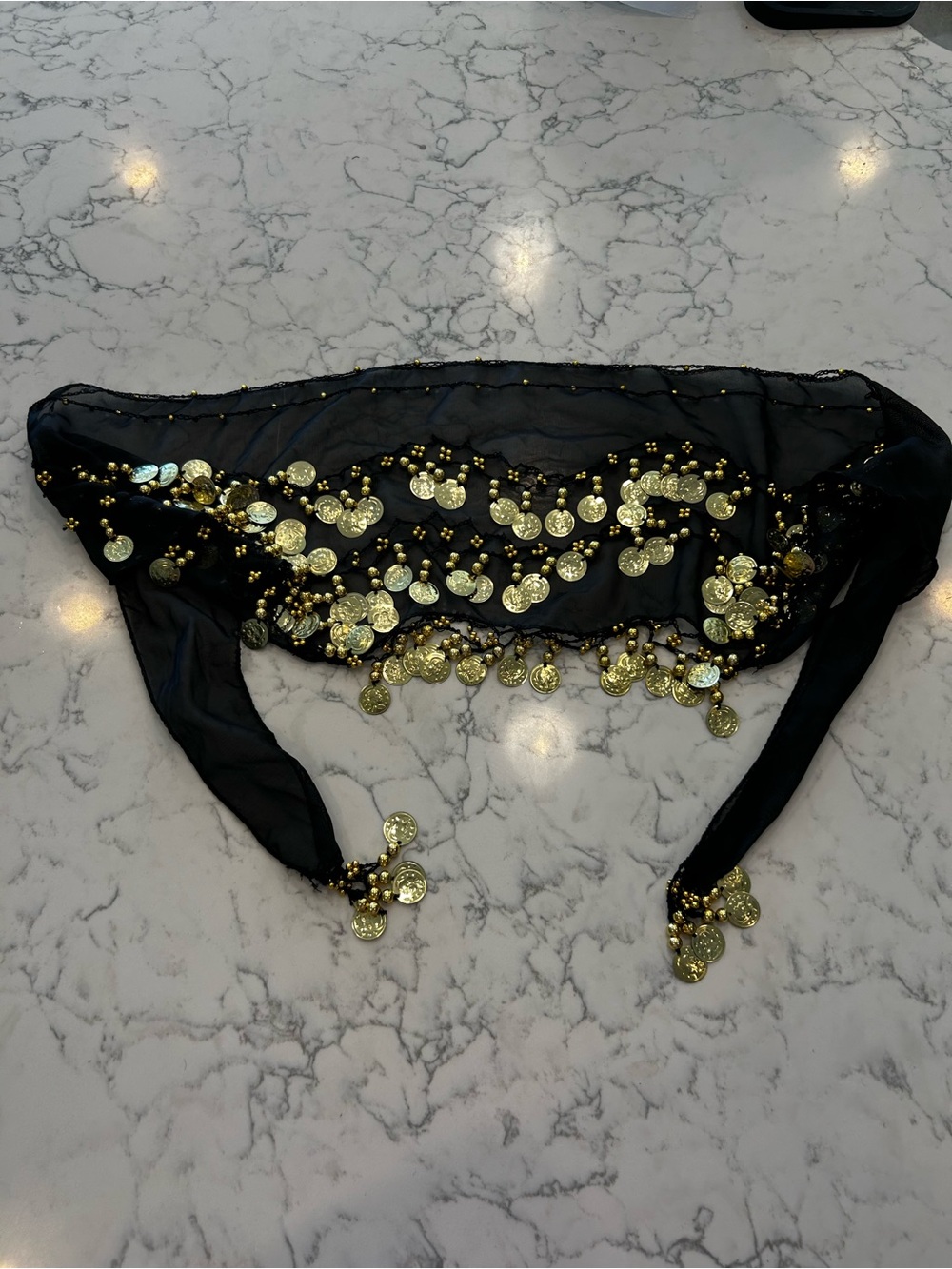 Black Belly Dancer Dance Chiffon Hip Scarf w/ Gold Toned Coins